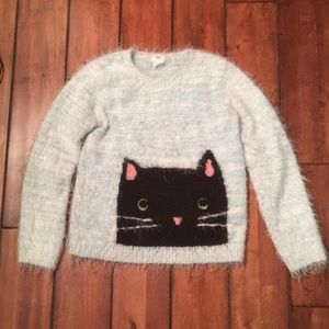 Girls Blue sweater with A Black cat on front.